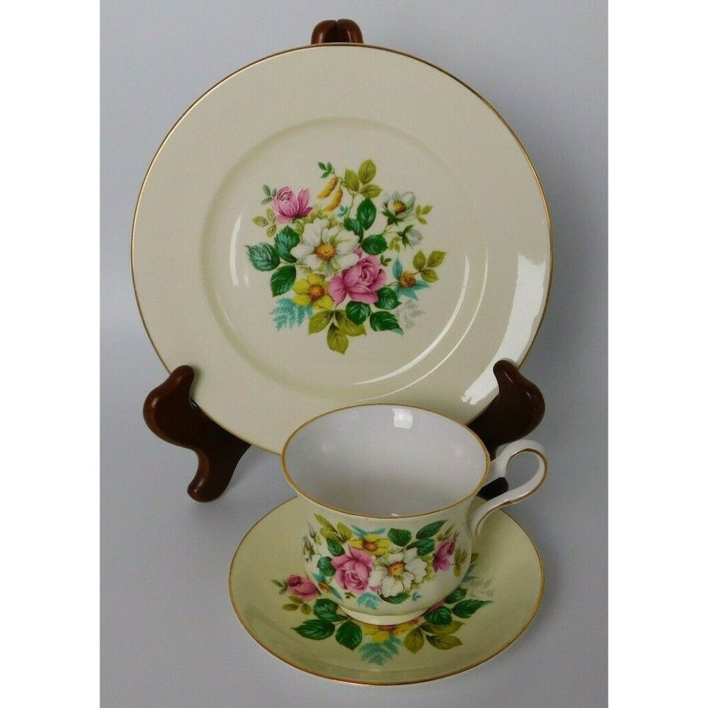 Royal Grafton AB Jones English Bone China Floral Teacup & Saucer Trio Set